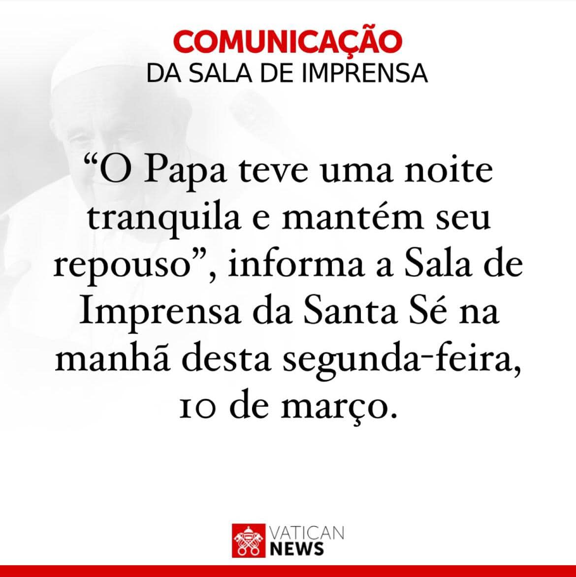 Atualizações sobre o estado de saúde do Papa Francisco hoje dia 10 de marçojpg